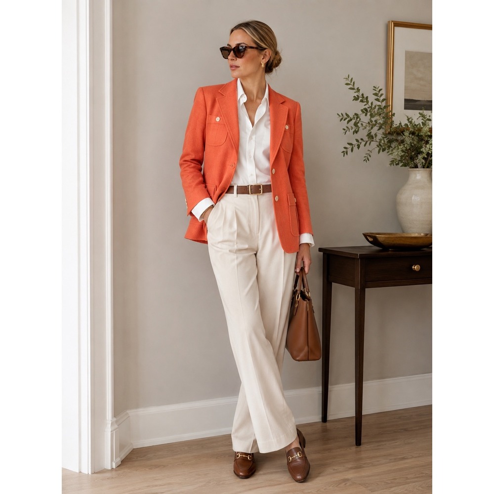 NWT Lauren Ralph Lauren Petite Linen Silk Blazer Peach Herringbone Jacket 12P